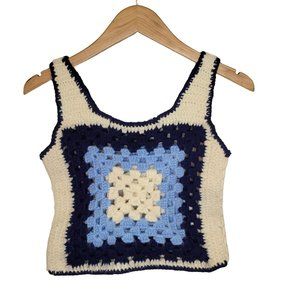 Vintage Handmade Mini Granny Square Crochet Tank Top Vest XXS-XS Blue White